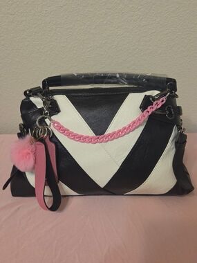 Black & White Chevron Satchel with Pink Chain and Pom Accent